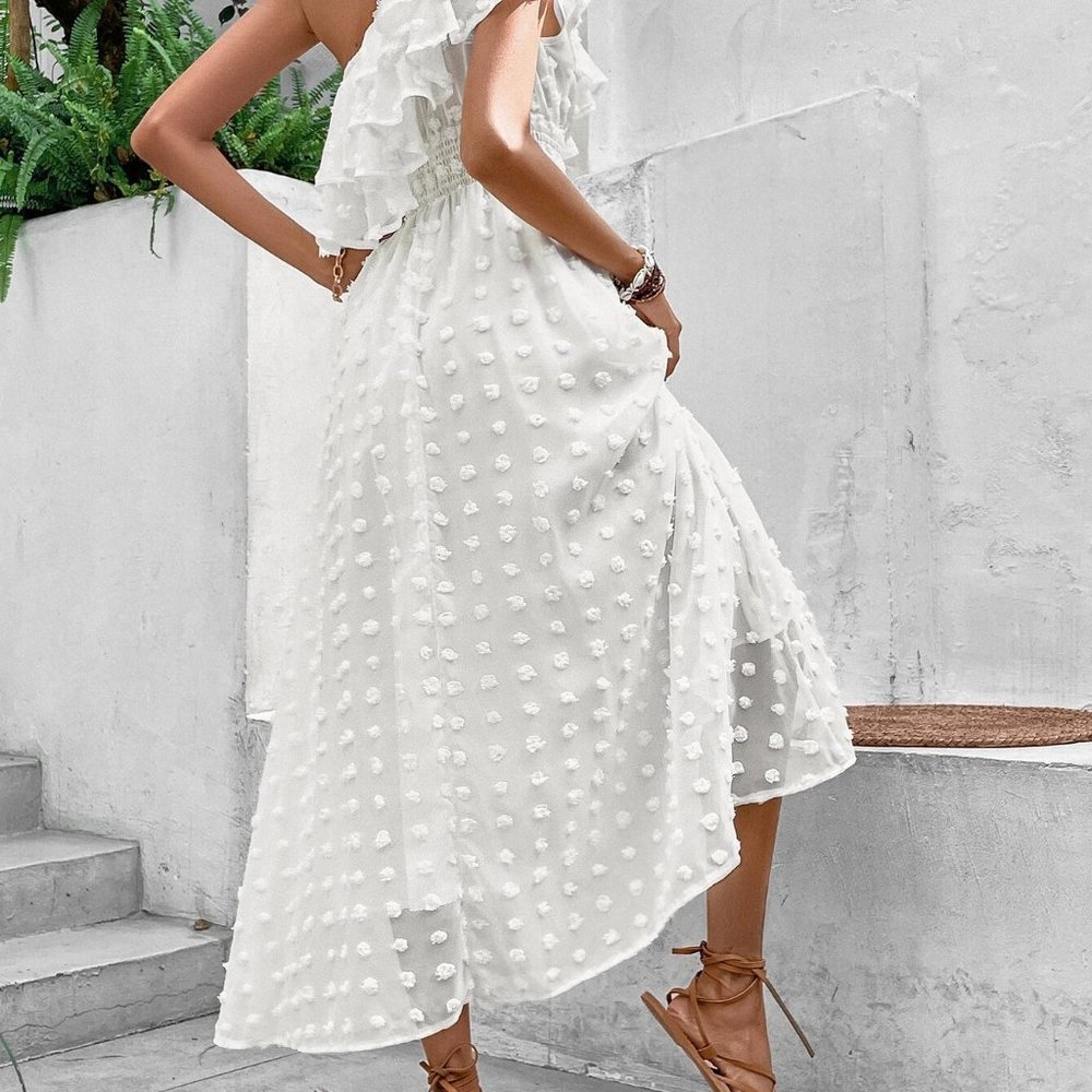 White Boho Womens Swiss Dot One Shoulder Ruffle Trim Dress - Picture 3 of 5